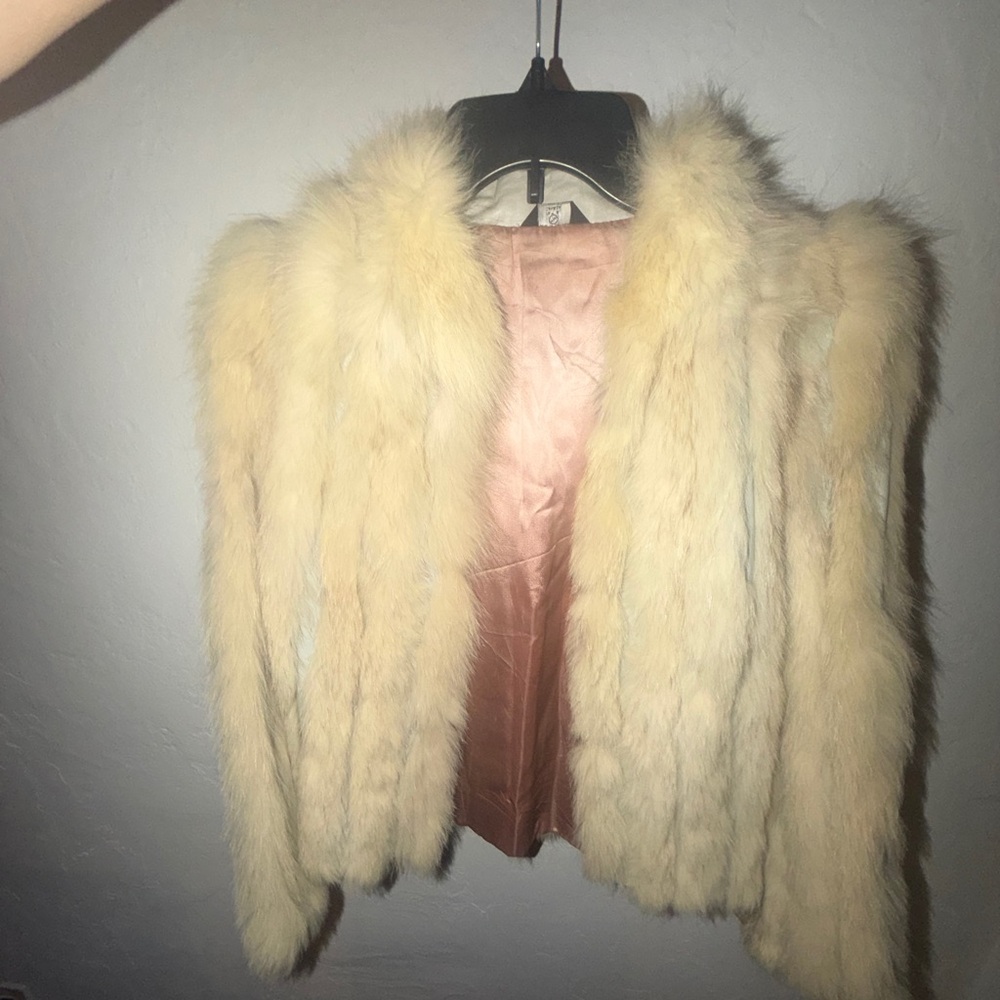 Cream Fox Fur Women's Jacket with Pink Satin Lining